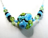Mother's Day Necklace, Turquoise, Green - SRA Artisan Sculptured Lampwork Glass Flower, Black Onyx, Swarovski Crystals, Sterling Silver