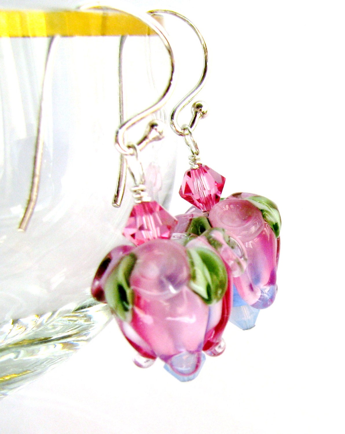Mother's Day Earrings 1, Pink, Blue - Rose Buds Lampwork, SRA Artisan Glass Flowers, Swarovski Crystals, Bali Sterling Silver