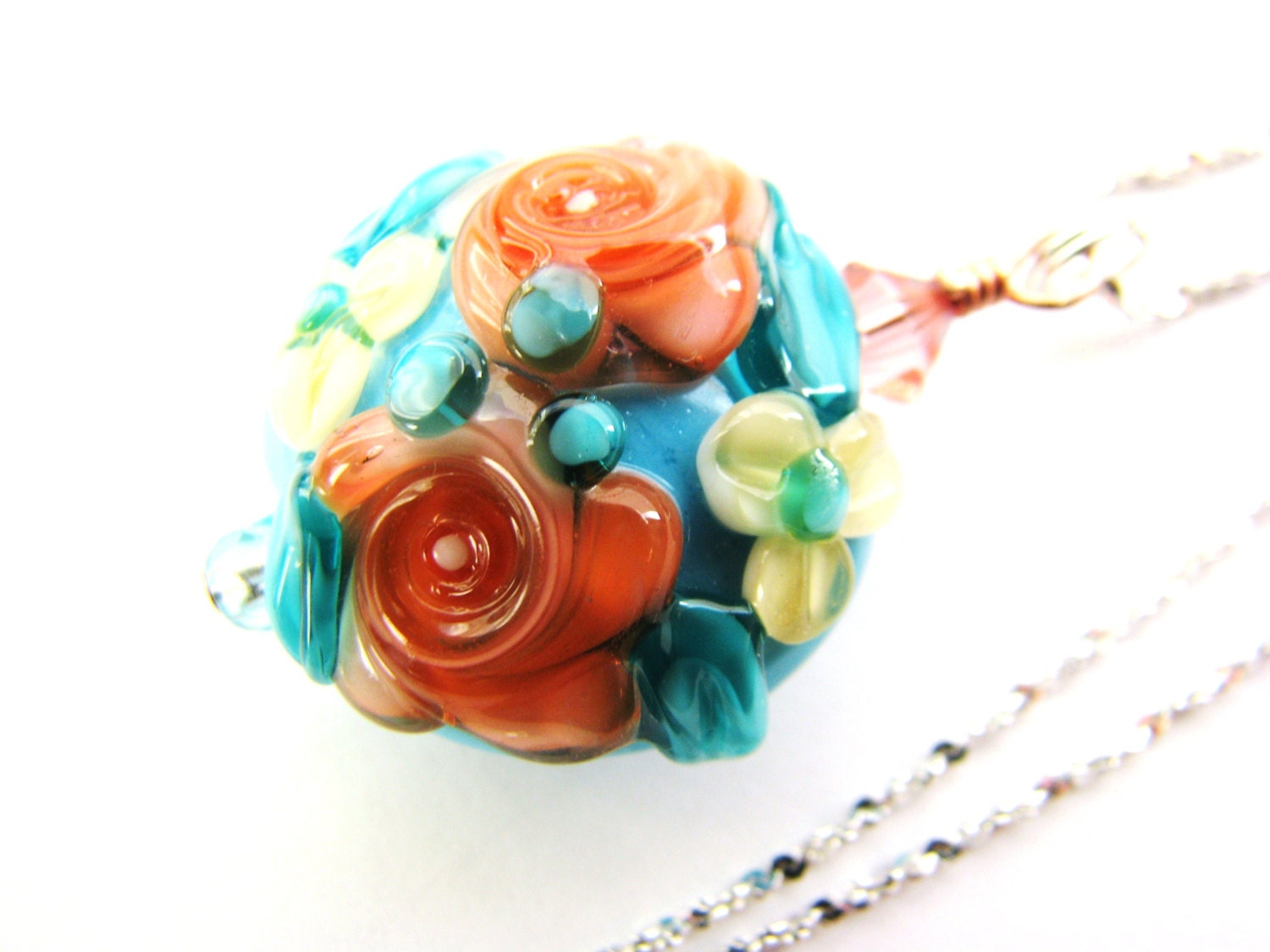 Mother's Day Pendant Necklace, Turquoise, Coral, Yellow - SRA Artisan Sculptured Lampwork Glass Flower, Swarovski Crystals, Sterling Silver