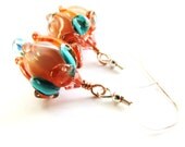 Mother's Day Earrings 1, Teal, Coral - Rose Buds Lampwork, SRA Artisan Glass Flowers, Swarovski Crystals, Copper, Sterling Silver