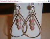 Summer Sale Silver tear drop dangle earrings with clear and pink Swarovski Crystals