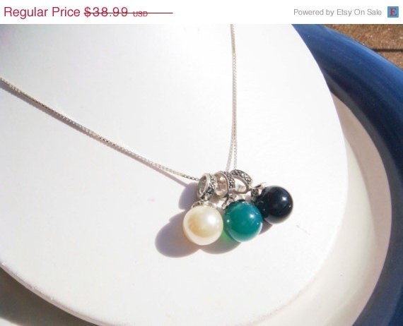 Summer Sale Vintage Sterling Silver Necklace with 3 Charms Emerald, Pearl Onyx