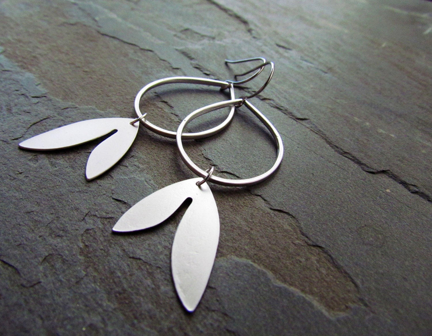 FLORENCE-Silver Teardrop Hoop Earrings with Whimsical Leaf Dangle