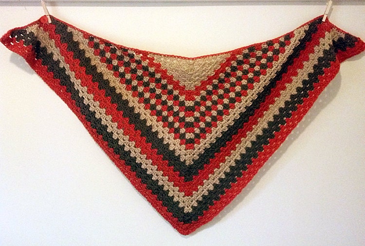 crocheted triangle granny square shawl in earth tones