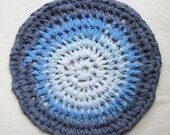 Round trivet, crocheted from eco-friendly cotton t-shirt yarn, large 10" diameter, sunwashed blue and navy