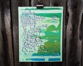 handmade print: a seaside cityscape screenprint in ocean colors - aqua, gold, deep green & mint "Cliffhanger" (8x10)