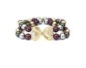 Rhinestone Bow Double Strand Stretch Stack Bracelet with Swarovski and Glass Pearls purple, grey, gold, green