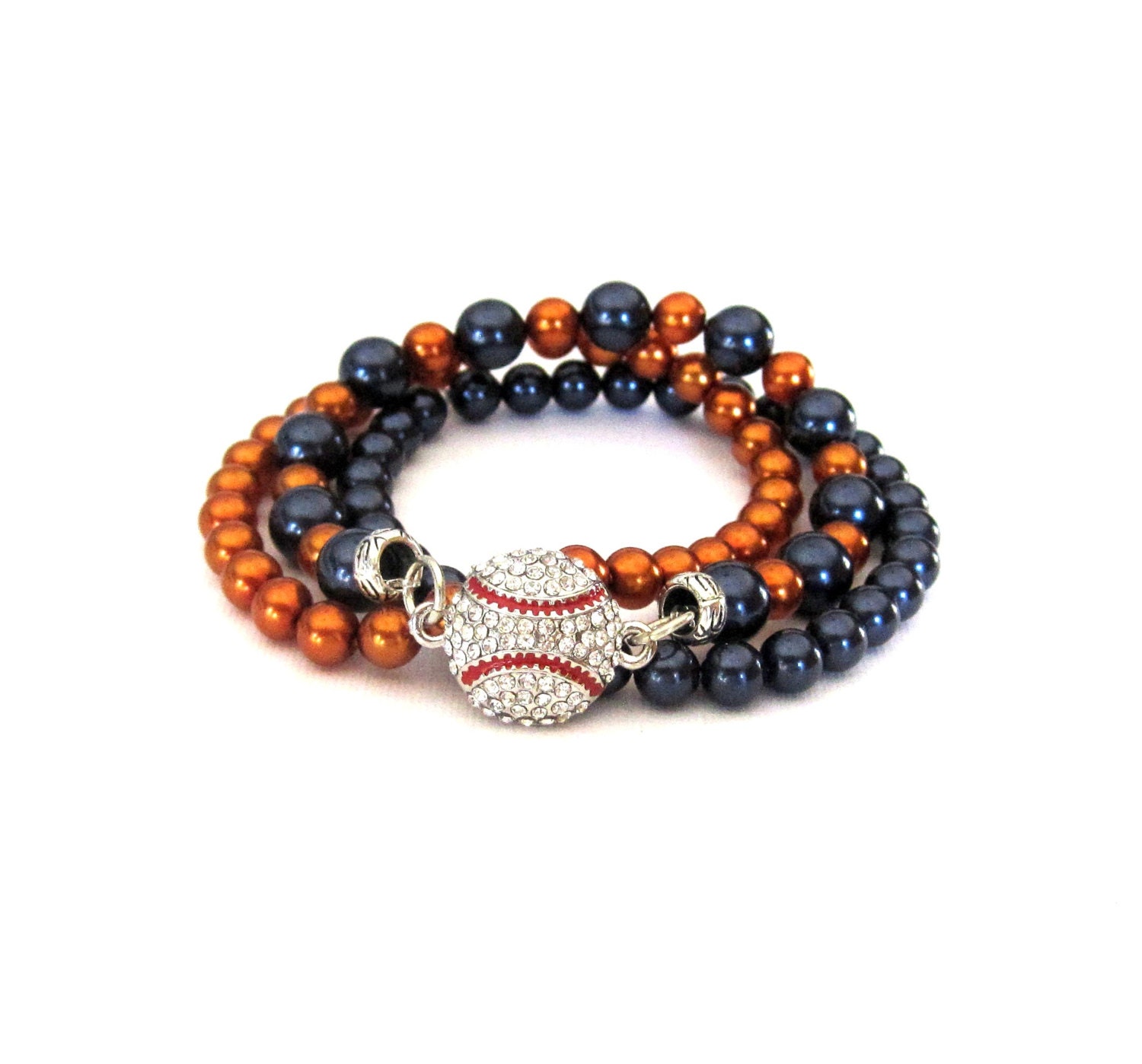 Rhinestone Baseball Stretch Stack Bracelets with Swarovski and Glass Pearls in Orange and Blue Set of 3 Gameday Chic