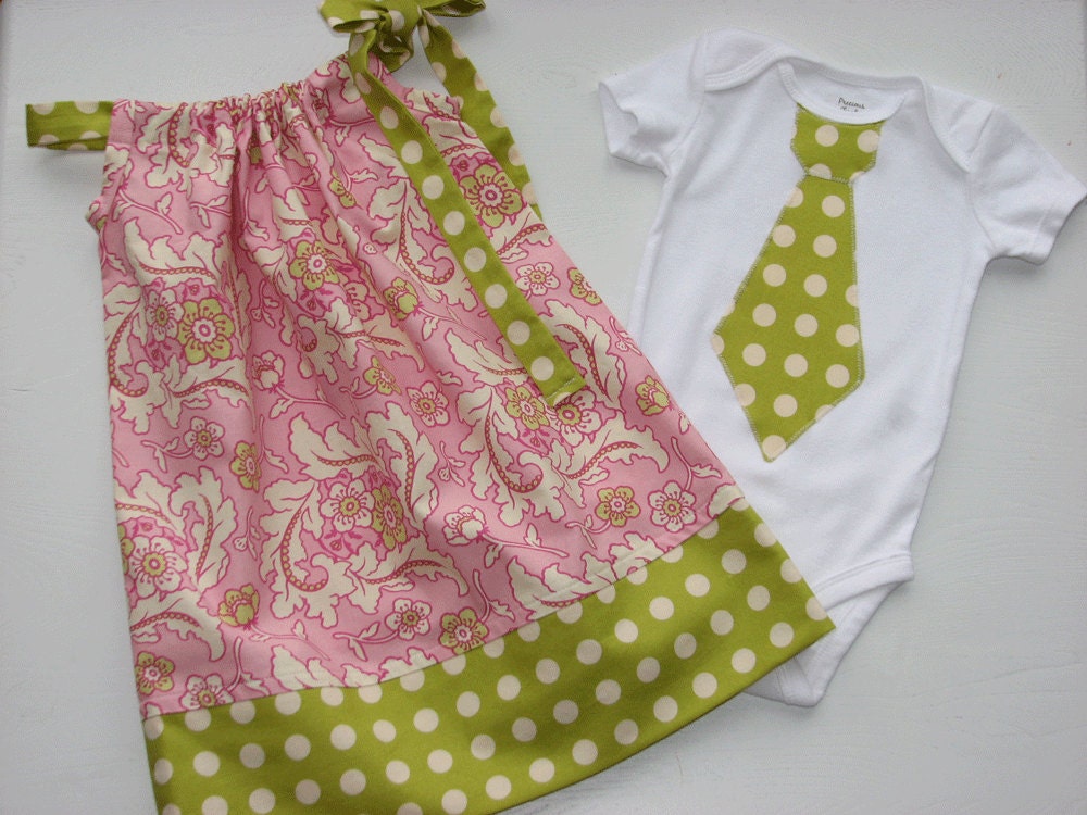 Brother Sister Matching .MADISON. Dress and Tie T-shirt or Onesie. A Sweet Easter Pair. Fresh Pink and Green Colors.