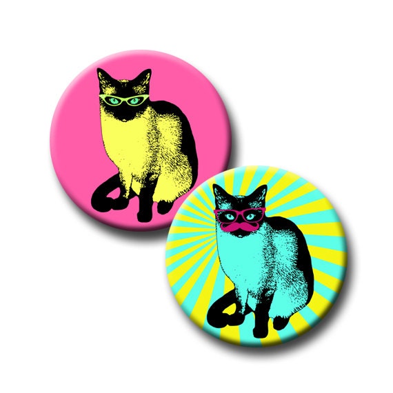Hip Cat Digital Collage Sheet 1.25 " Round Circle Images of Cats with Mustaches and Glasses Images INSTANT DOWNLOAD