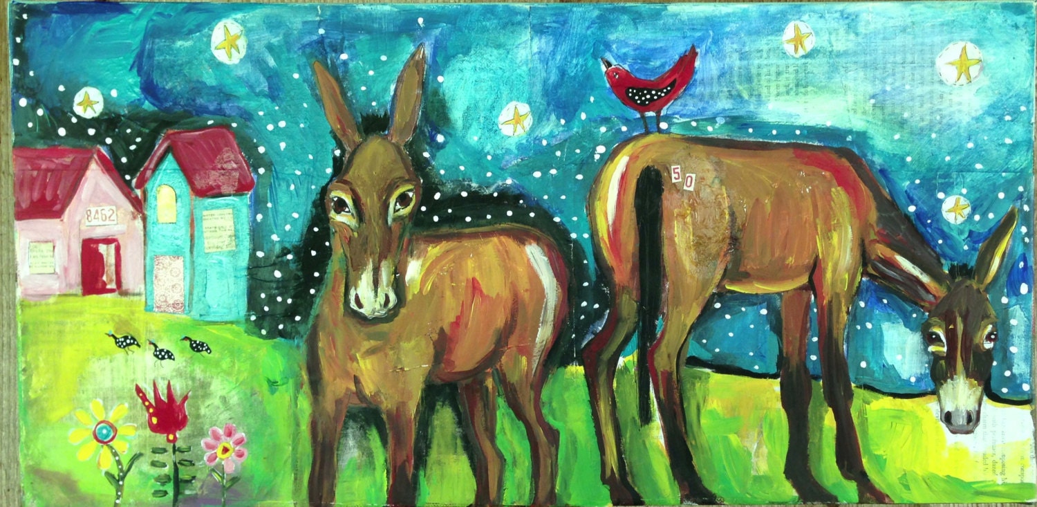 Happy Mules Farmhouse Decor  Folk Wall Art