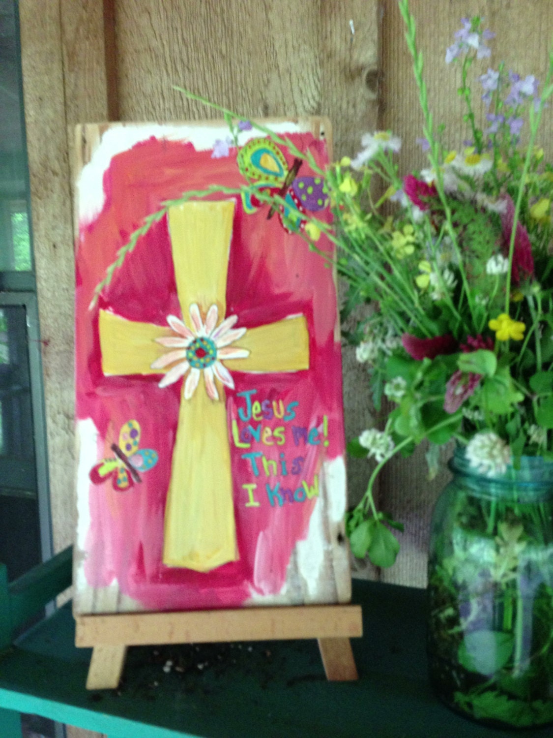 Jesus Loves Me Cross on Reclaimed Wood Pink