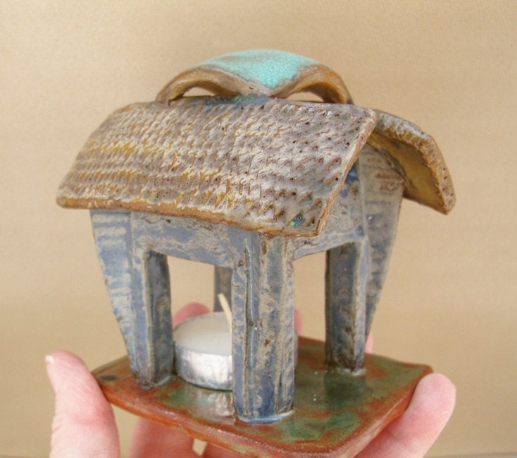 Tiny Ceramic Gazebo Shrine - Candle Holder Decor for Tabletop or Fireplace Mantle