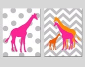 Giraffe Nursery Duo - Set of Two 11x14 Nursery Art Prints - Polka Dot Giraffe and Chevron Giraffe Family - Choose Your Colors