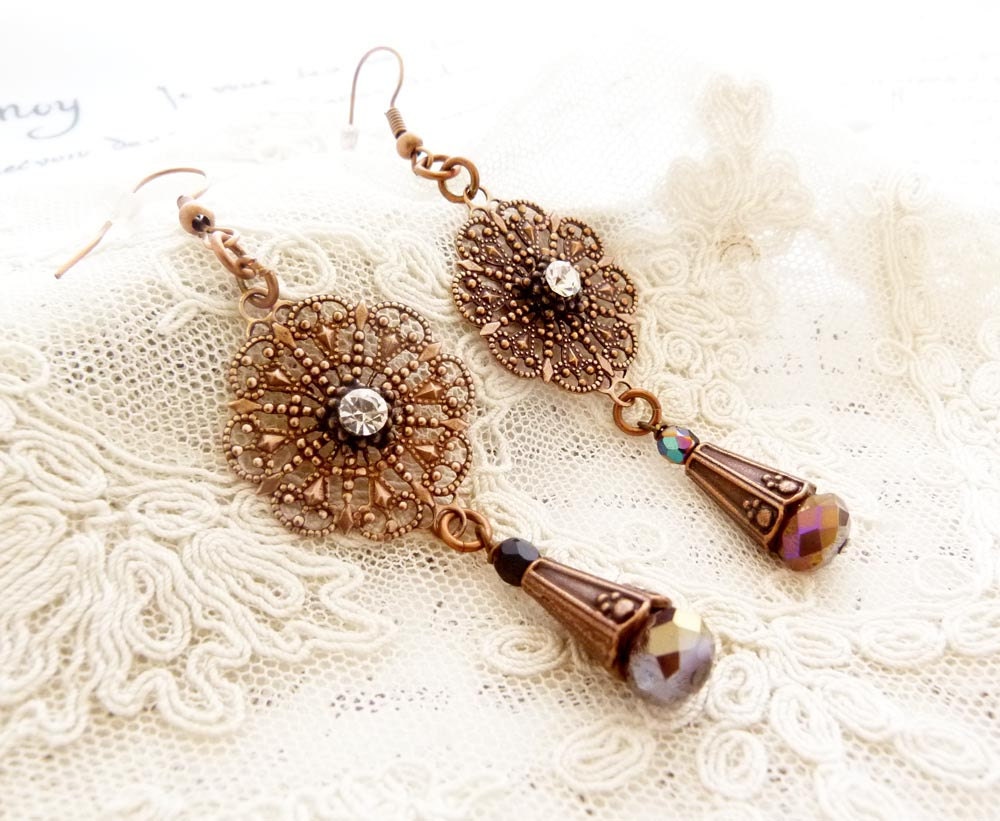 My Vintage Wedding  antiqued copper rhinestone earrings
