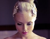 Bohemian GOLD Bridal Halo Headpiece, Wedding Headdress, Lace and Pearls with Velvet and Glass Beaded Leaves, Dangling Chain, Ready to Ship