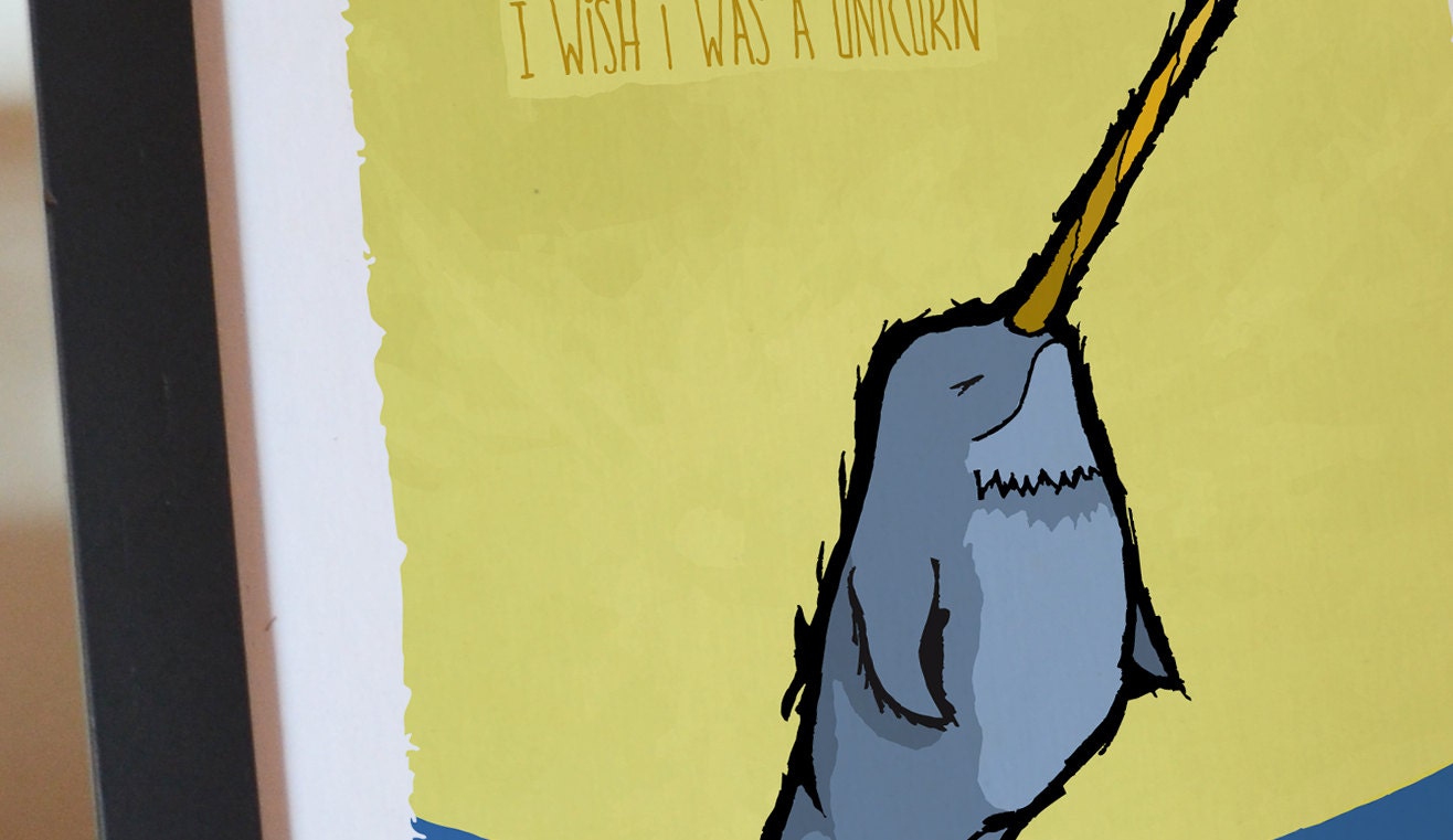 I wish I was a unicorn - Narhwal, moon, and night sky - Limited Edition Signed and Numbered 5x7 Giclée Illustration