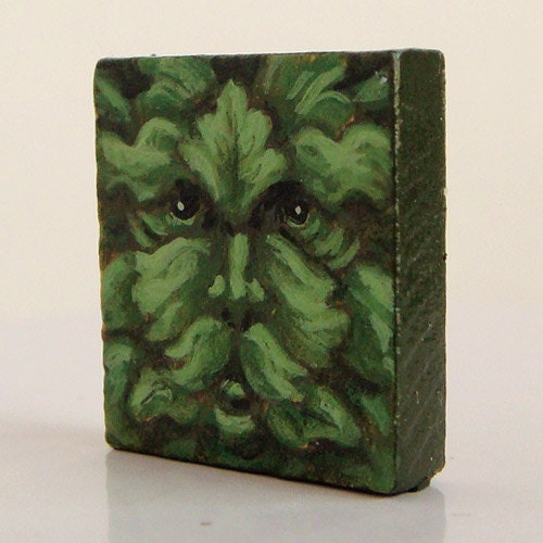 Green Man original painting on Scrabble Tile