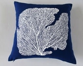 decorative navy coral pillow - white coral embroidery on navy pillow cover 18 inch