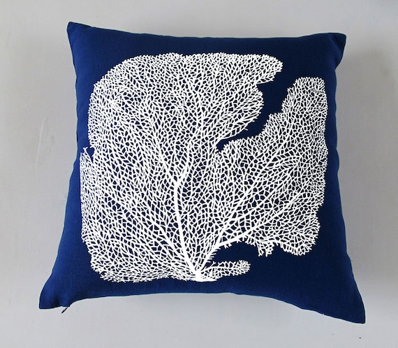decorative navy coral pillow - white coral embroidery on navy pillow cover 18 inch