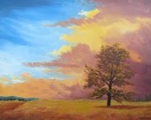 landscape painting  acrylic original cloudscape modern Western Oak Tree Impressionist abstract sunset  prairie  large 30x24 canvas