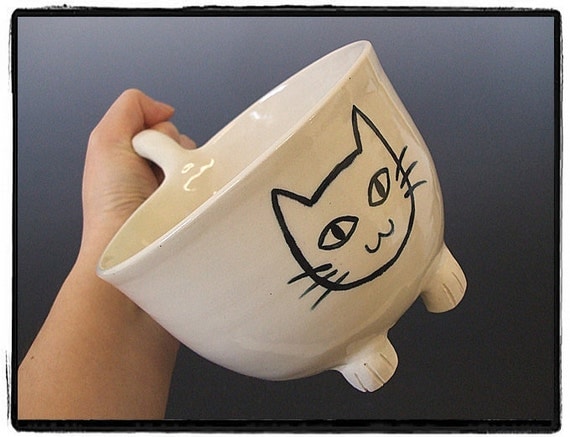 SECOND SALE-Super Cute Cat Soup Bowl/ Big Mug in White by misunrie
