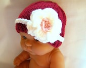 Newborn Girl Hat, Baby Hat, Handmade Red Beanie Hat with White Crocheted Flower and Braid, Photography Prop