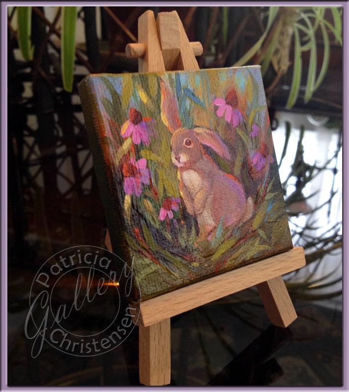 Miniature Painting - Rabbit Echinacea Cone Flower - Impressionist Art with Display Easel - by Patricia Lee Christensen - FREE Shipping