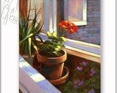 Sunbathing Red Potted Geranium in Window Painting