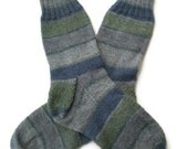 Hand Knit Men's Blue and Green Striped Socks