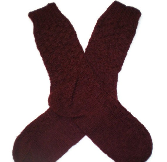Socks -Hand Knit Men's Socks with Burgundy Checkerboard Pattern