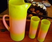 West Virginia Glass Chartreuse and Cantaloupe Pitcher and 2 Glasses