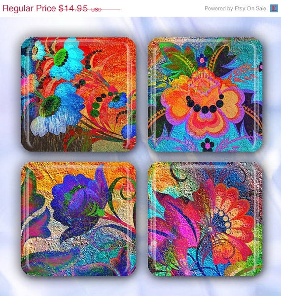 Summer Bouquet (FLOR103) Set of 4 Glass Tile Magnets 1" square