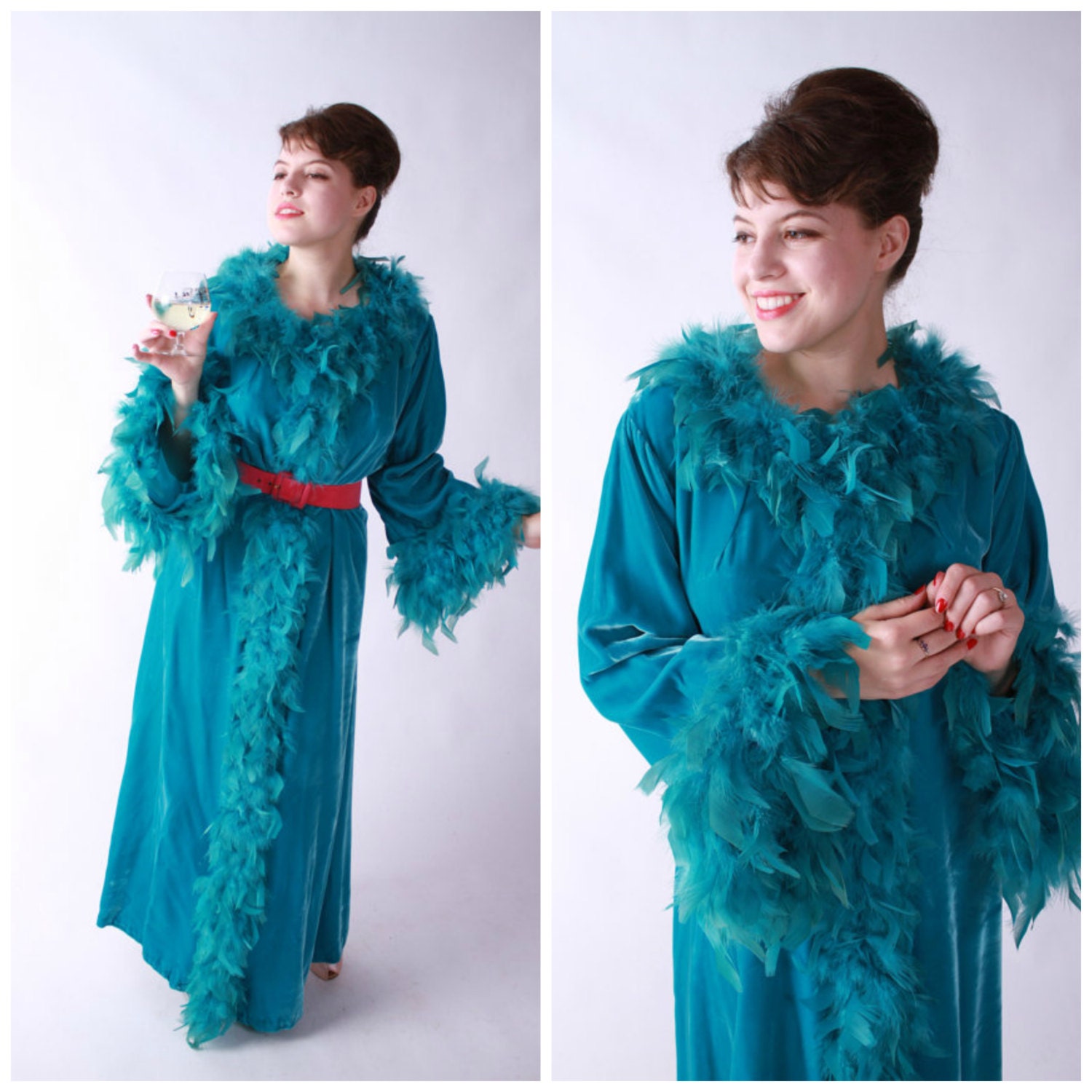 Vintage 1950s Robe - Dramatic Teal Dressing Gown Robe Trimmed with Feathers