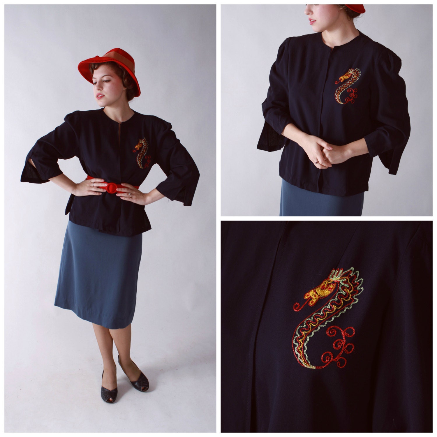 Vintage 1940s Jacket - Summer Jacket with Embroidered Seahorse