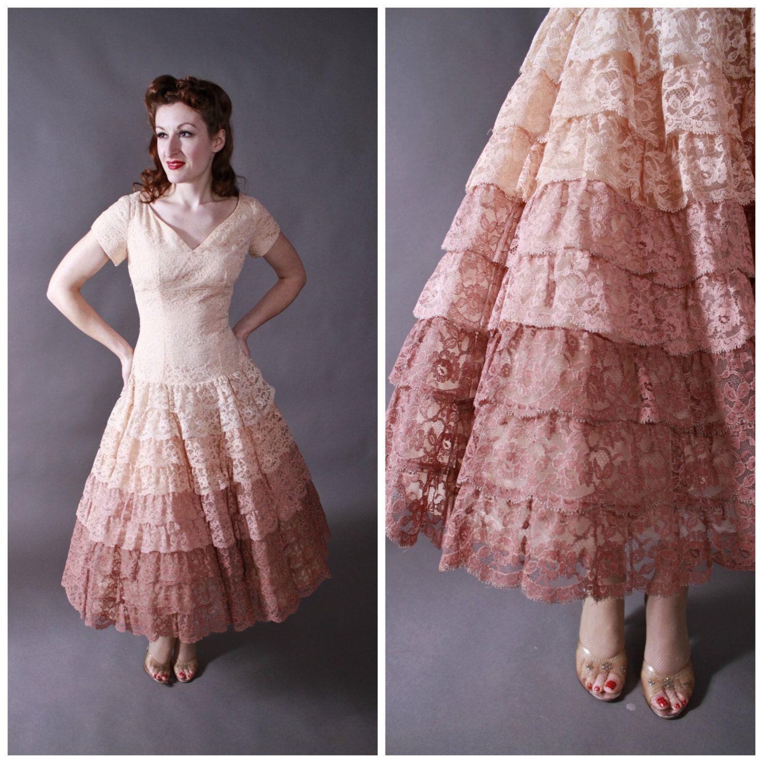 RESERVED ON LAYAWAY Vintage 1950s Party Dress - Tiered Ombre Lace 50s Cocktail Party Dress
