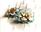 Verdigris White Patina Brass Flowers -Patina Earrings -Layered Riveted Spring Fashion Jewellery