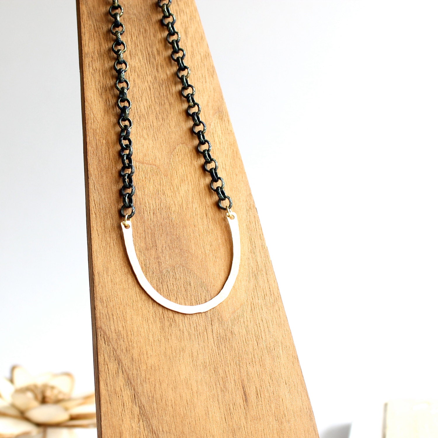 Long Necklace - Deep Blue Patina Chain, Brass Forged Curved Pendant - Rustic Dark Navy Boho Jewellery