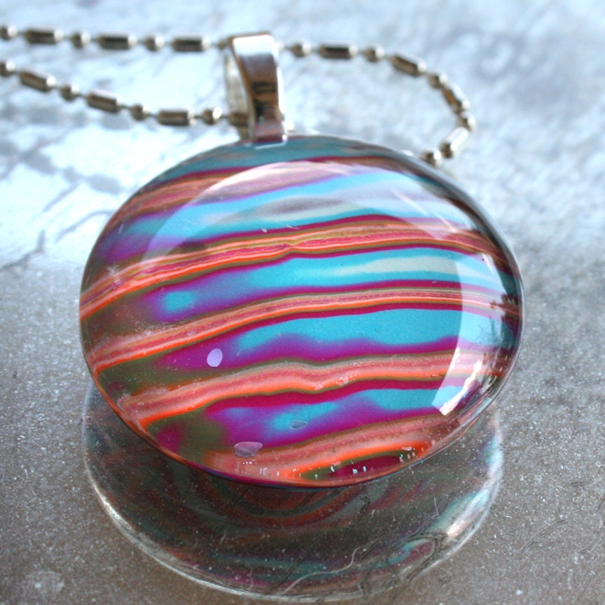 Sunset at the Beach Polymer Clay Pendant under Glass Dome on Silver  Ball Chain - Teen Jewelry - Neon - Purple and Blue