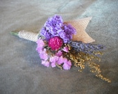Dried flower and burlap boutonneire.  Featuring dried Lavender and Statice.