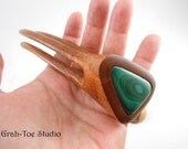 Hair Fork, Curly Mahogany Wood Fork, Malachite Cabachon, Avalon Tusk Fork Grahtoe Handmade