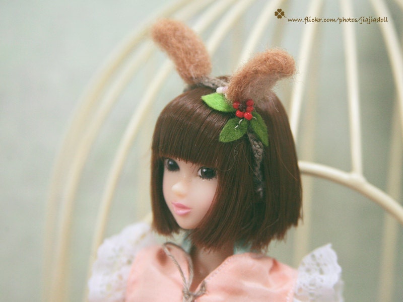 Jiajiadoll- light brown bunny ear flowered head hoop fits momoko and Misaki and OB and unoa light