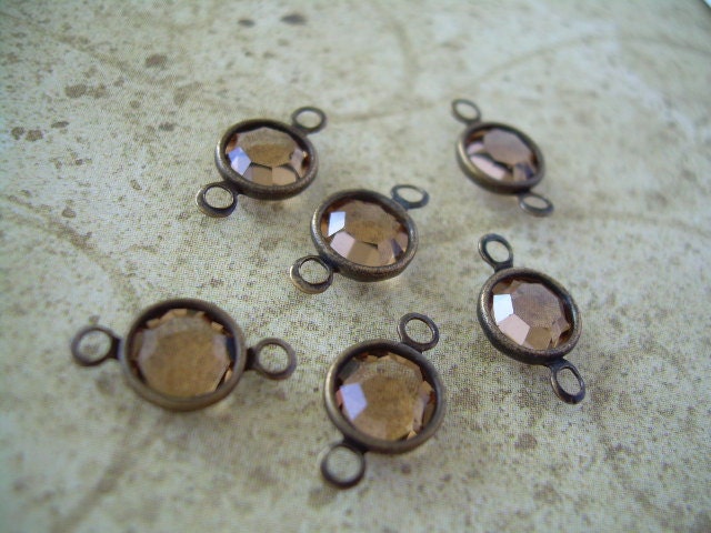 6 Vintage Swarovski Connector Mocha Brown 2-Ring Charm Brass Ox