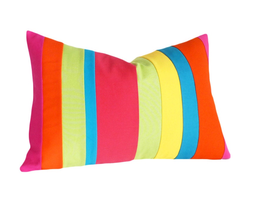 Bright Neon Pillows, Color Banded Throw Pillow, NEW, Spring Stripes, Striped, Color Block, Eco Chic, Oblong Lumbar 14x20