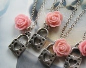 Set of 5 - Heart lock rose necklace, bridesmaids necklace, wedding jewelry WN24 (Custom order - your choice of colour)