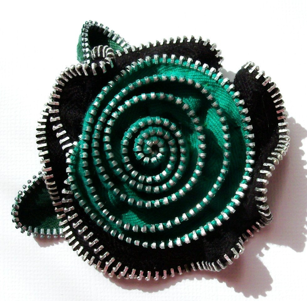 Black and Jade Green Floral Brooch / Zipper Pin by ZipPinning 1619
