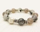 Pre-Made Sale / One Size 5 3/4" Rutilated Quartz Statement Bracelet in Sterling Silver with Grey Agate / black white gray zipper striped fa