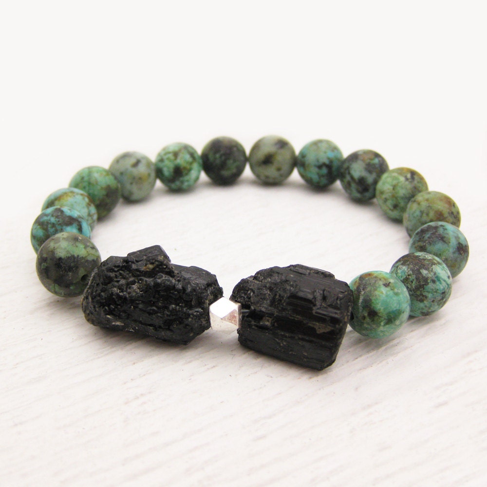 African Turquoise Tourmaline Bracelet in Sterling Silver / Woodland Green Blue Black / Bohemian Stacking Bracelet / Natural Tribal Fashion