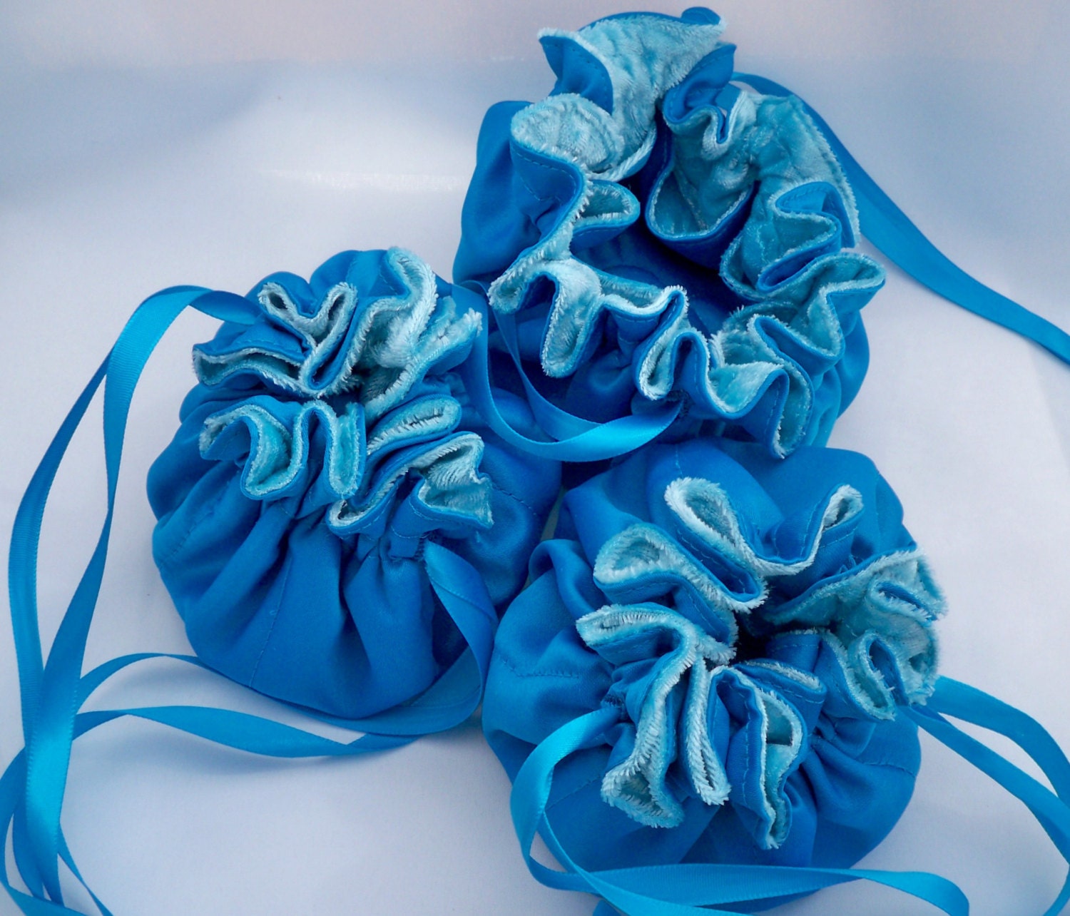 Bridesmaids Gifts, Three Jewelry Bags, Drawstring, Satin, Panne Velour, Turquoise, Aqua Blue,