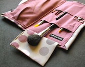 Makeup Bag - Mega Moveable Makeup - Brush Travel Roll - Many Dots in Grey with Dusty Pink Lining